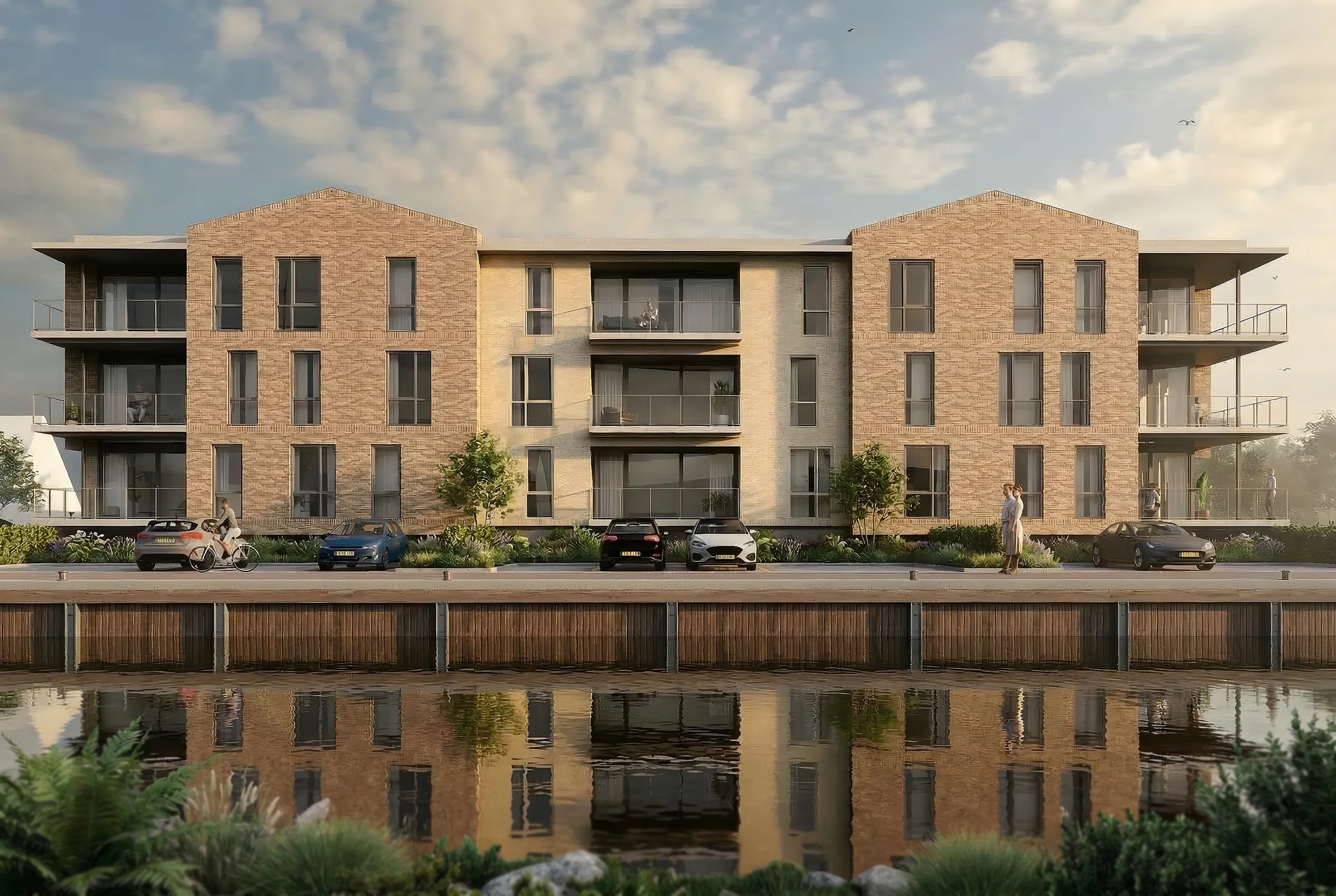 Appartementen aan het water — Een gevel die zich spiegelt